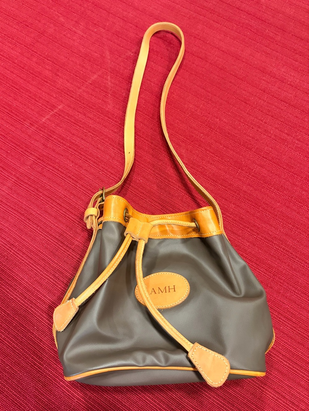 Vintage Jon Hart Brown Coated Canvas Bucket Bag Shoulder Purse Monogrammed